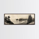 Misty Bay, Forested Coast, Moody Landscape, Serene Shoreline, Framed Canvas Print, Coastal Wall Art, Bedroom Decor, Earthy Tones