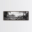 Rocky Shore, Ocean Vista, Misty Wilderness, Framed Canvas Print, Nature Wall Art, Monochrome Landscape, Cabin or Office Decor