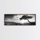 Lone Tree, Coastal Sunset, Ocean Horizon, Framed Canvas Print, Tranquil Landscape Art, Meditation Room Wall Art, Nature Zen Decor