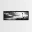 Dramatic Lighthouse Coast, Ocean Storm Horizon, Coastal Adventure, Framed Canvas Print, Living Room Wall Art, Nautical Fall Decor
