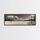 Beach Volleyball, Sand Court, Summer Fun, Tropical Clouds, Framed Canvas Print, Sports Room Wall Art, Coastal Decor, Sepia Beach Art