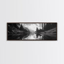 Alpine Lake Scene, Black and White Forest, Serene Mountain Print, Framed Canvas Print, Rustic Wall Art, Cabin Living Room Decor