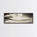 Cloudy Beach, Sandy Shoreline, Coastal Serenity, Framed Canvas Print, Neutral Tones Wall Art, Minimalist Bathroom or Hallway Decor