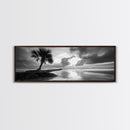 Solitary Palm Tree, Ocean Storm, Moody Landscape, Beach Wall Decor, Framed Canvas Print, Coastal Living Room Art, Monochrome Photography