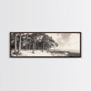 Pine Forest Coast, Tranquil Wilderness, Shoreline Trees, Earthy Coastal Scene, Framed Canvas Print, Rustic Wall Art, Autumn Cabin Decor
