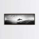 Ocean Dolphin Jump, Seascape Art, Black White Photography, Coastal Wall Decor, Canvas Print, Minimalist Bathroom Wall Art, Nautical Style