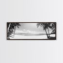 Tropical Beach Scene, Palm Tree Horizon, Ocean Serenity, Island Life, Framed Canvas Print, Coastal Wall Art, Living Room Decor, Minimalist Vibe