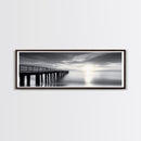 Ocean Pier, Tranquil Horizon, Serene Seascape, Framed Canvas Print, black and white beach wall art, bedroom coastal minimalism
