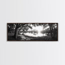 River Sunset, Mossy Trees, Tranquil Reflection, Framed Canvas Print, southern forest wall art, peaceful living room decor, rustic boho vibe