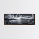 Cloudy Horizon, Wide Ocean View, Coastal Cliffs, Framed Canvas Print, dramatic seascape wall art, coastal kitchen decor, black and white