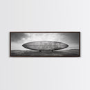 Surfboard Alone, Beach Sand, Cloudy Sky, Framed Canvas Print, minimalist surf art, coastal man cave decor, surf lover gift idea