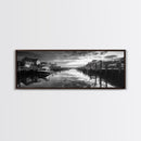 Fishing Dock, Quiet Marina, Waterside Village, Canvas Print, Nautical Wall Art, Lake House Decor, Black and White Photography