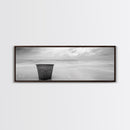 Seaside Metal Pail, Coastal Minimalism, Black White Art, Modern Bathroom Art, Framed Canvas Print, Tranquil Ocean Wall Decor