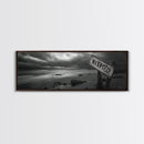 Stormy Beach, Weathered Sign, Moody Ocean, Black and White Photography, Framed Canvas Print, Coastal Gothic Wall Art, Autumn Decor