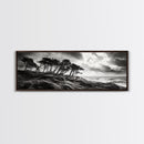 Windswept Pines, Stormy Sea, Moody Coastal Scene, Framed Canvas Print, Rustic Nature Decor, Bedroom Wall Art, Autumn Vibes