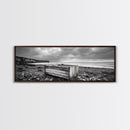 Rocky Beach, Driftwood Crate, Stormy Sky Seascape, Framed Canvas Print, Coastal Rustic Decor, Bathroom Wall Art, Monochrome Style