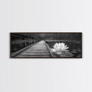 Water Lily, Peaceful Pond, Wooden Dock, Framed Canvas Print, Zen Wall Art, Meditation Room Decor, Black and White Nature Art