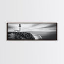 Lighthouse Serenity, Coastal Fog, Ocean Horizon, Canvas Print, Black and White Decor, Office Wall Art, Nautical Theme, Moody Photography