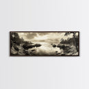 Hidden Cove Sunset, Rocky Seascape, Coastal Tranquility, Framed Canvas Print, Forest Edge, Moody Living Room Wall Art, Seaside Escape