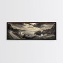 Coastal Road, Ocean Sunset, Rocky Shoreline, Framed Canvas Print, Moody Landscape Photography, Living Room Wall Art, Rustic Nature Decor