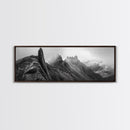 Jagged Peaks, Foggy Mountains, Dramatic Range, Canvas Print, Monochrome Wilderness Art, Office or Cabin Wall Decor, Adventure Style