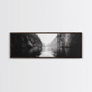 Misty Canyon, River Passage, Tranquil Adventure, Canvas Print, Nature Escape Wall Art, Zen Office Decor, Moody Black and White Style