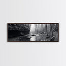 Misty River, Tranquil Forest, Autumn Nature, Monochrome Photography, Framed Canvas Print, Bedroom Wall Art, Rustic Decor, Minimalist Style