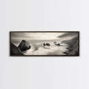 Rocky Coastline, Ocean Cliffs, Soft Waves, Long Exposure Landscape, Framed Canvas Print, Nautical Wall Art, Calm Living Room Decor