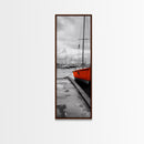 Vibrant Boat, Dockside Scene, Nautical Decor, Color Accent, Framed Canvas Print, Black and White Photography, Coastal Wall Art, Bathroom Art