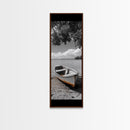 Rustic Rowboat, Tranquil Shore, Coastal Serenity, Vintage Lake Style, Canvas Print, Living Room Wall Art, Monochrome Nature Photography