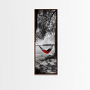 Red Hammock Escape, Nature Lake Art, Serene Moment, Outdoor Vibes, Framed Canvas Print Rustic Bedroom Wall Art, Minimalist Landscape