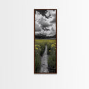Yellow Field, Mountain Trail, Alpine Meadow, Bright Sky Framed Canvas Print, nature lover gift, landscape wall decor, cabin wall art