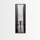 Red Umbrella, Rainy Day, Urban Silhouette, Framed Canvas Print, Minimalist Wall Art, Modern Entryway Decor, Monochrome Mood