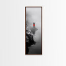Misty Lighthouse View, Red Beacon Decor, Coastal Minimalist Art, Framed Canvas Print, Modern Seascape Living Room Wall Decor