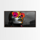 Pop Art, Sunglasses, Neon, Bold and vibrant pop art woman in neon shades on Framed Canvas Print, modern Teen Room Wall Art, Stylish Decor