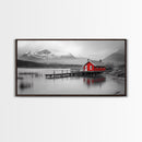 Red Cabin, Lake House, Mountain Reflection, Framed Canvas Print, Nordic Art, Winter Landscape, Bedroom Wall Art, Modern Minimalist Decor
