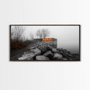 Fog Wall, Concrete Graffiti, Misty Lake Path, Framed Canvas Print, Urban Nature Blend, Moody Art, Hallway Decor, Modern Grayscale Style