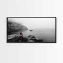 Red Hoodie, Ocean Cliff, Misty Silence, Framed Canvas Print, Minimalist Solitude Art, Mental Health Awareness, Bedroom Wall Decor, Calm Scene