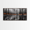 Reflected Forest, Orange Leaves, Tranquil River, Monochrome Fall, Canvas Print, Rustic Decor, Bedroom Wall Art, Woodland Scene