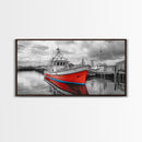 Red Boat, Dock Reflections, Moody Sky, Harbor Life, Framed Canvas Print, Nautical Wall Decor, Coastal Art, Living Room Art, Maritime Style