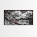 Red Sailboat, Rocky Cove, Tranquil Water, Coastal Escape, Canvas Print, Nautical Wall Art, Minimalist Seaside Style, Black White Art