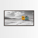 Yellow Cabin, Frozen Lake, Snowy Escape, Winter Minimalism – Framed Canvas Print, Scandinavian Wall Art, Cozy Living Room, Nordic Style