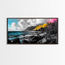 Vibrant Coastline, Yellow Cliff, Blue Ocean, Tropical Escape – Framed Canvas Print, Beach Wall Art, Boho Decor, Hawaii Inspired Room Vibe