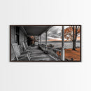 Lake Porch, Autumn Trees, Rocking Chairs, Sunset Serenity – Canvas Print, Fall Wall Art, Country Home Decor, Rustic Americana Landscape