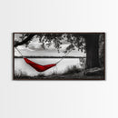 Red Hammock, Lakeside View, Tranquil Nature, Tree Shade, Framed Canvas Print, Boho Wall Art, Bedroom Decor, Relaxing Forest Landscape