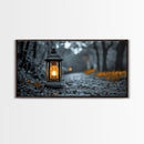 Lantern Glow, Forest Trail, Autumn Leaves, Soft Light, Framed Canvas Print, Fall Wall Art, Rustic Entryway Decor, Nature Photography Print
