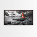 Red Lighthouse, Stormy Sea, Rocky Shore, Moody Coastal, Framed Canvas Print, Nautical Wall Art, Dramatic Bathroom Decor, Ocean Vibes