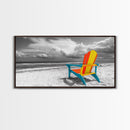 Chair Seaside, Colorful View, Coastal Relaxation, Minimalist Beach, Framed Canvas Print, Sunroom Wall Art, Summer Beach Escape