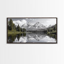 Serene Lake, Snowy Peaks, Forest Reflection, Canvas Print, Nature Photography, Modern Living Room Art, Black White Green Decor