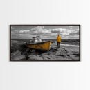 Yellow Boat, Lonely Man, Moody Shore, Framed Canvas Print, Coastal Wall Art, Nautical Decor, Masculine Home Office Style